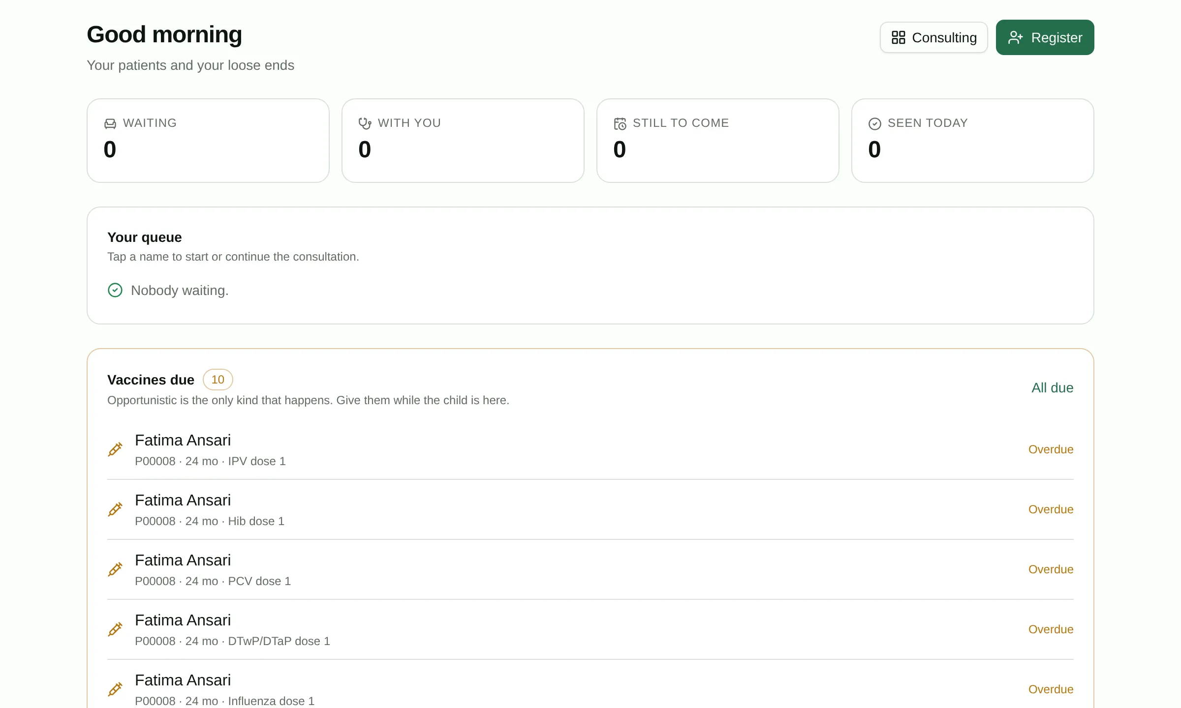 The consulting console: a doctor’s own queue, unsigned notes and results to review.