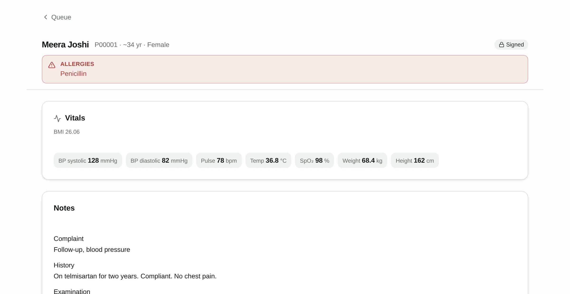 A signed consultation showing vitals, complaint, history, examination and diagnosis.