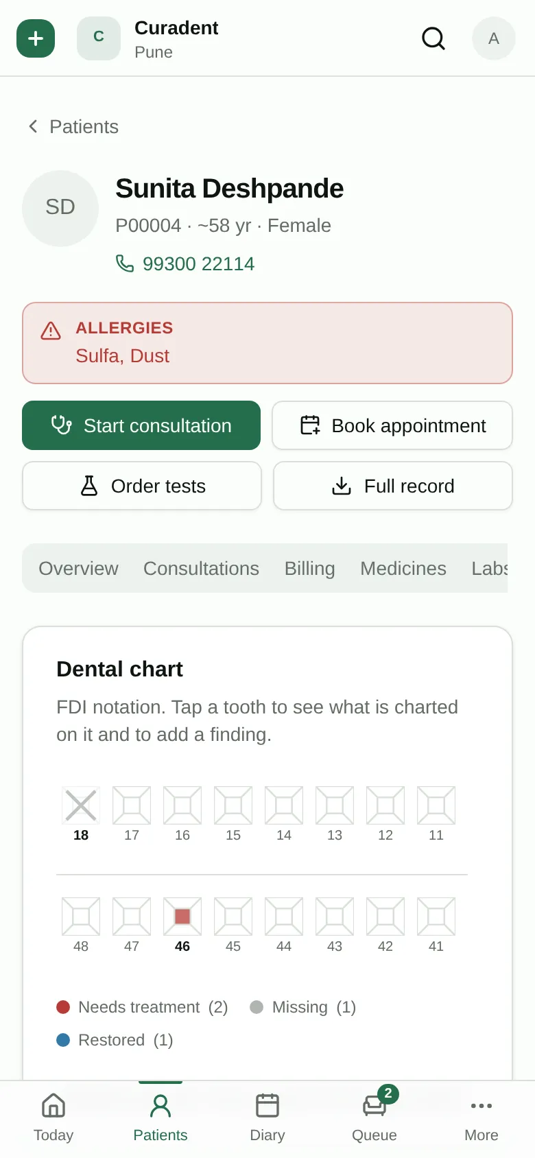 A dental chart on a phone.