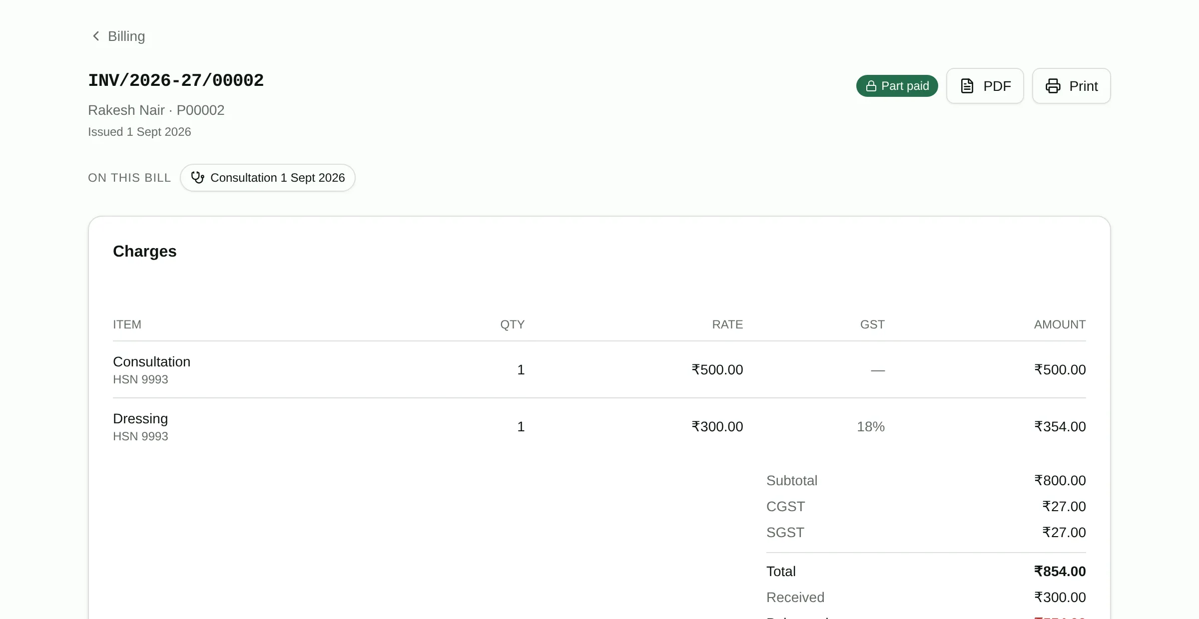 A GST invoice generated directly from a consultation, with line items and totals.
