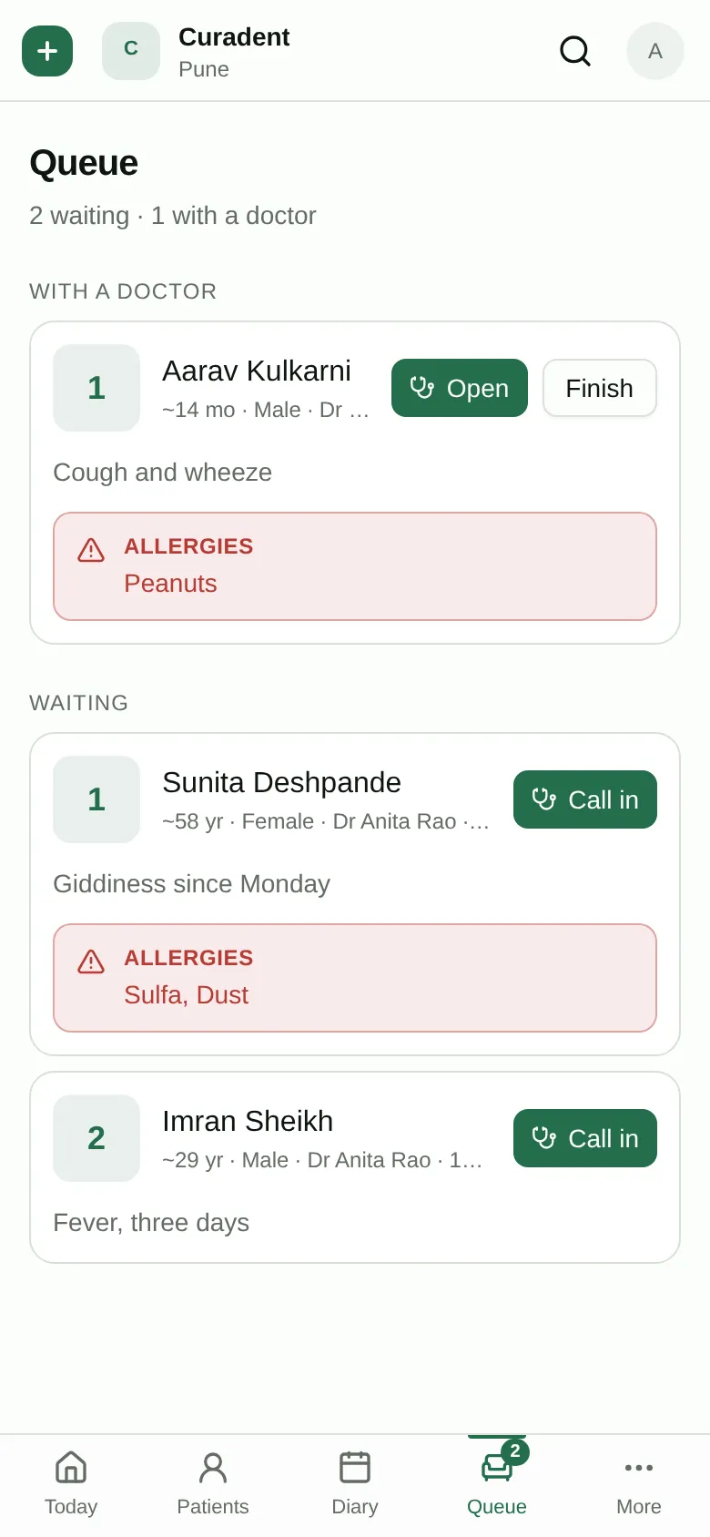 The same clinic's live queue on a phone.
