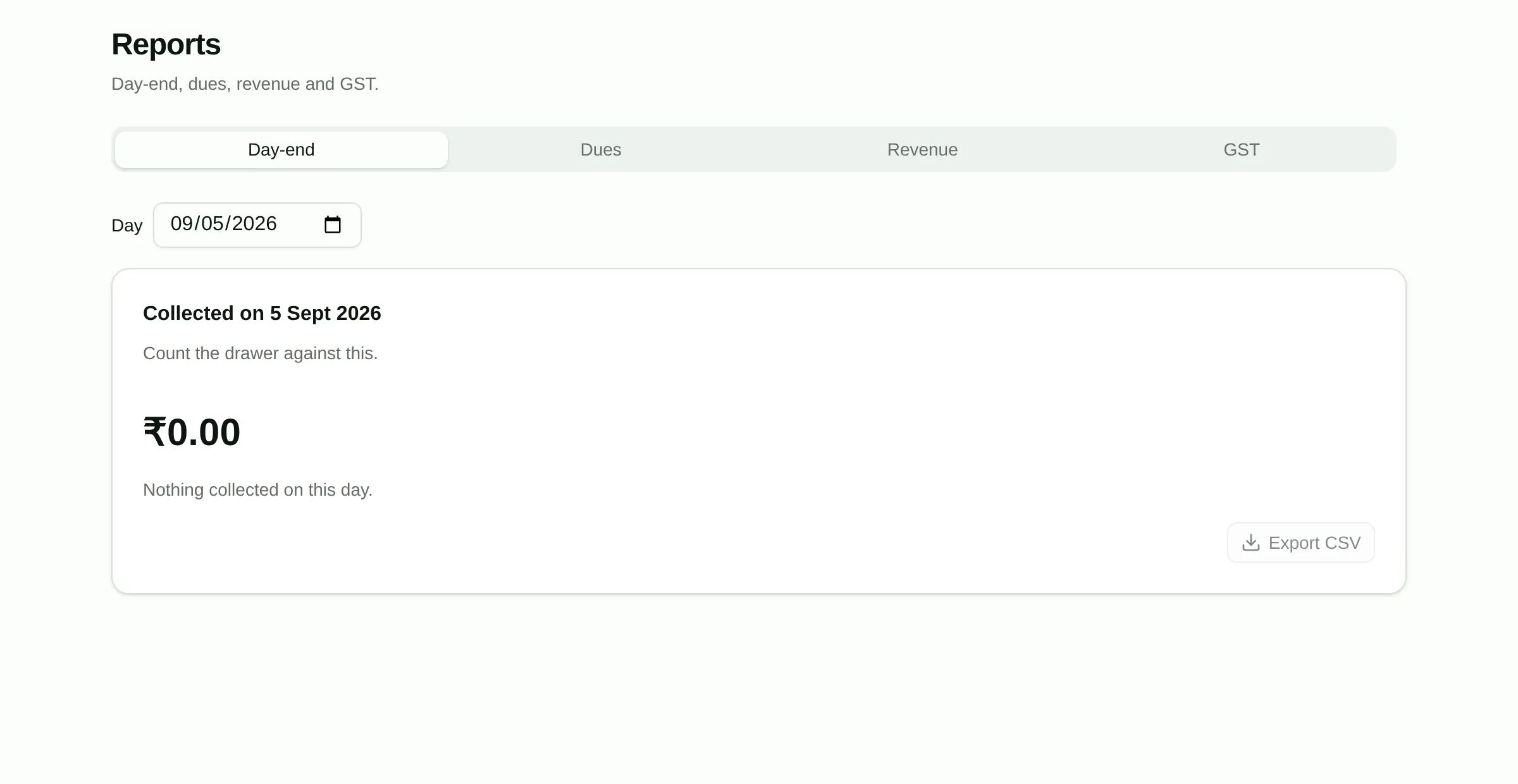 The reports screen with collections and clinic activity.